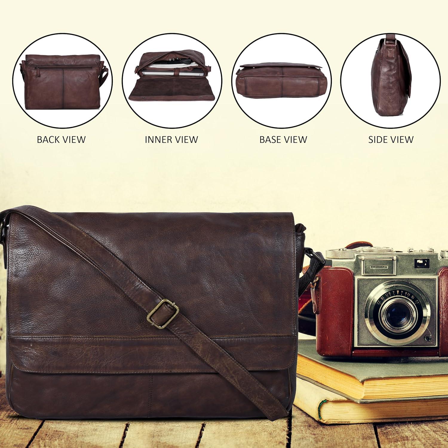 imageOzora Genuine Leather Unisex Crossbody Messenger Bag with Adjustable Strap for 17 Inch Laptop Travel OfficeBrown Wash