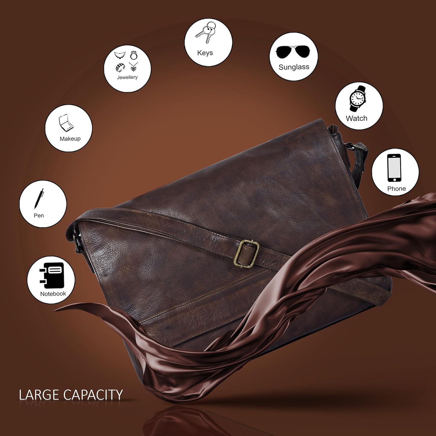 imageOzora Genuine Leather Unisex Crossbody Messenger Bag with Adjustable Strap for 17 Inch Laptop Travel OfficeBrown Wash
