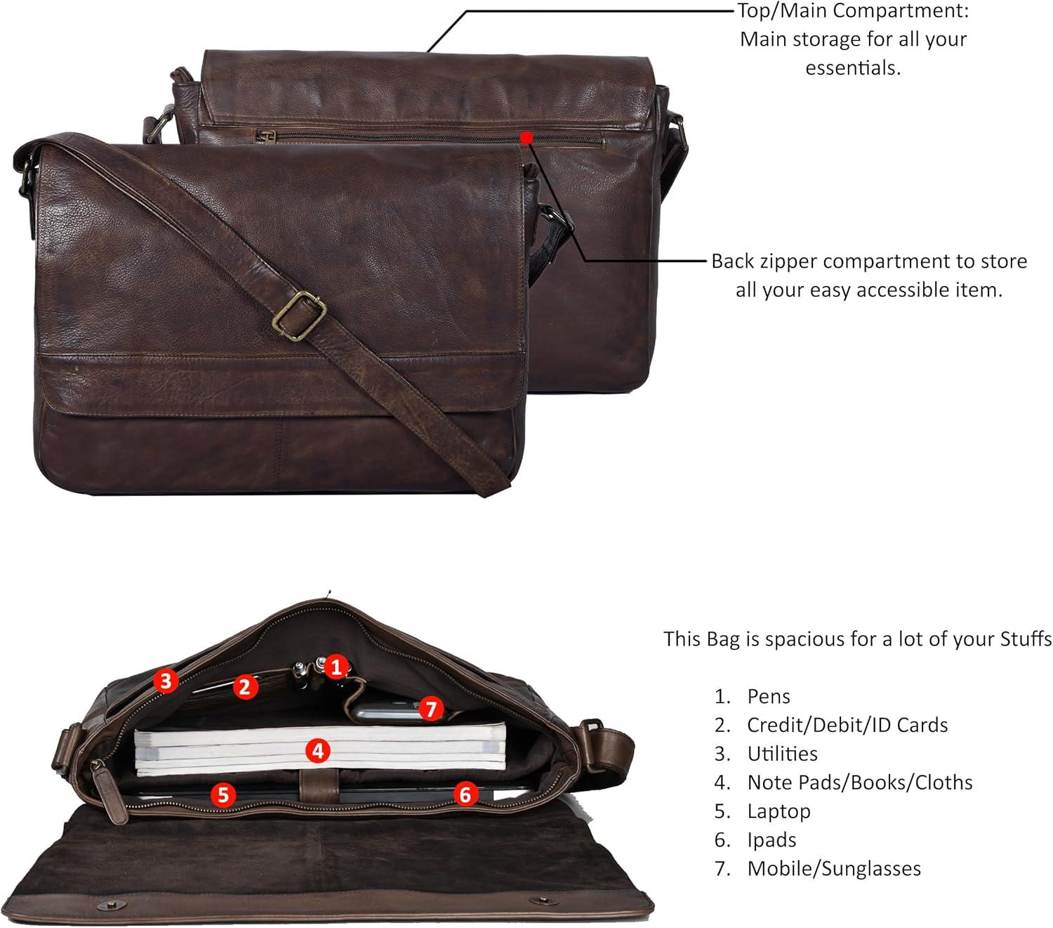 imageOzora Genuine Leather Unisex Crossbody Messenger Bag with Adjustable Strap for 17 Inch Laptop Travel OfficeBrown Wash