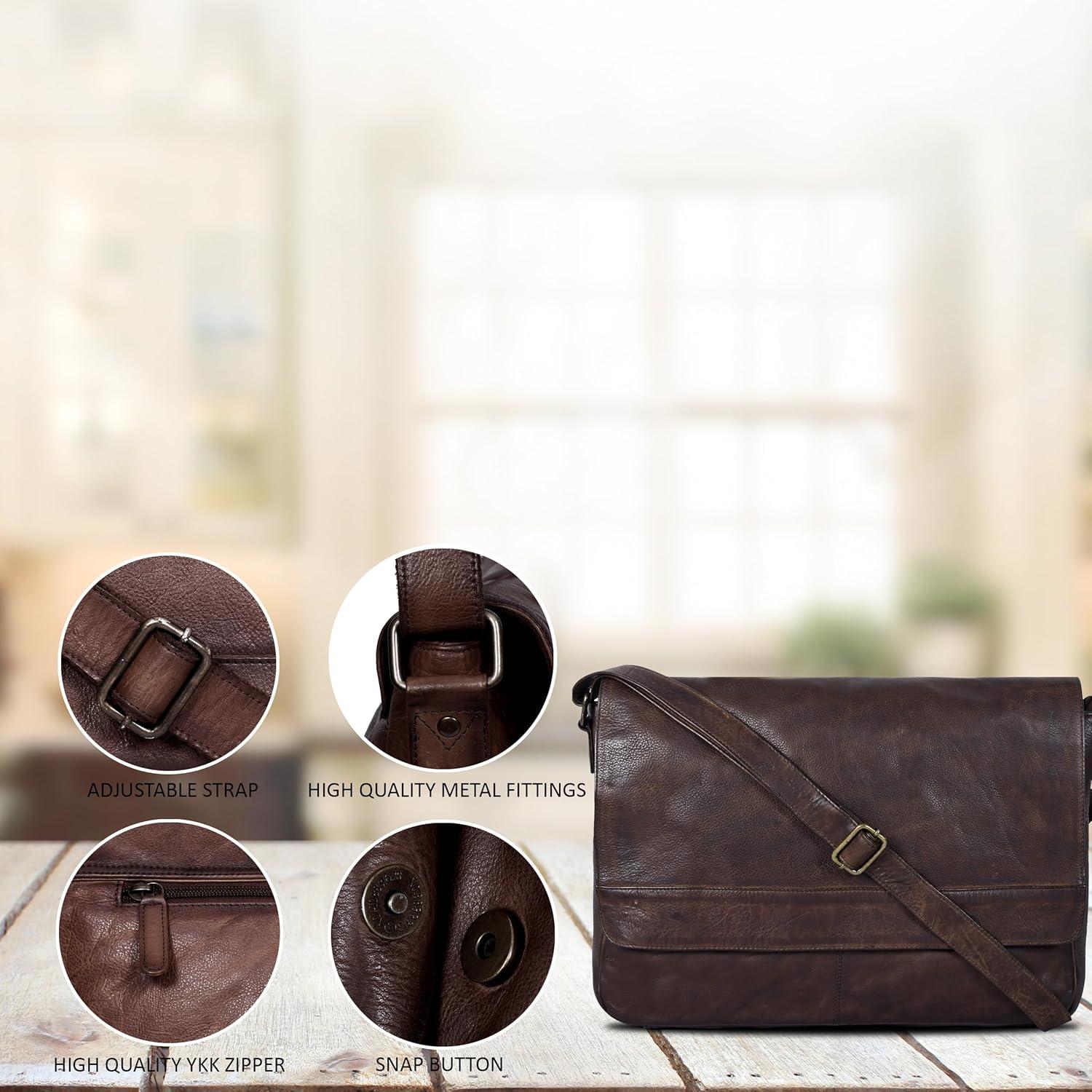 imageOzora Genuine Leather Unisex Crossbody Messenger Bag with Adjustable Strap for 17 Inch Laptop Travel OfficeBrown Wash