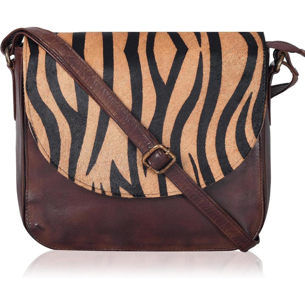 imageGenuine Leather Shoulder Crossbody Purse For Women with Adjustable Strap Mobile Pocket ampamp Outside ampamp Inside ZipperBrown Wash Zebra