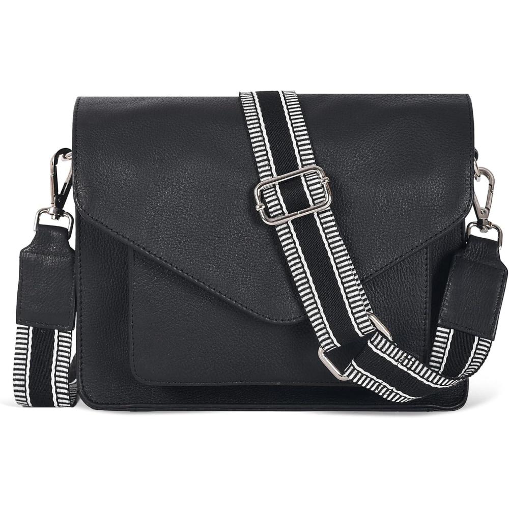 imageLeather Flapover Crossbody Handbag Purse for Women with Adjustable Strap ampamp Overflap Snap Closure ToteBagBlack Ndm W2