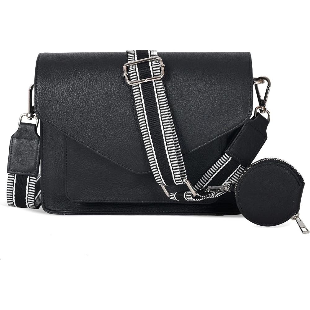 imageLeather Flapover Crossbody Handbag Purse for Women with Adjustable Strap ampamp Overflap Snap Closure ToteBagBlack Ndm W2 Coin