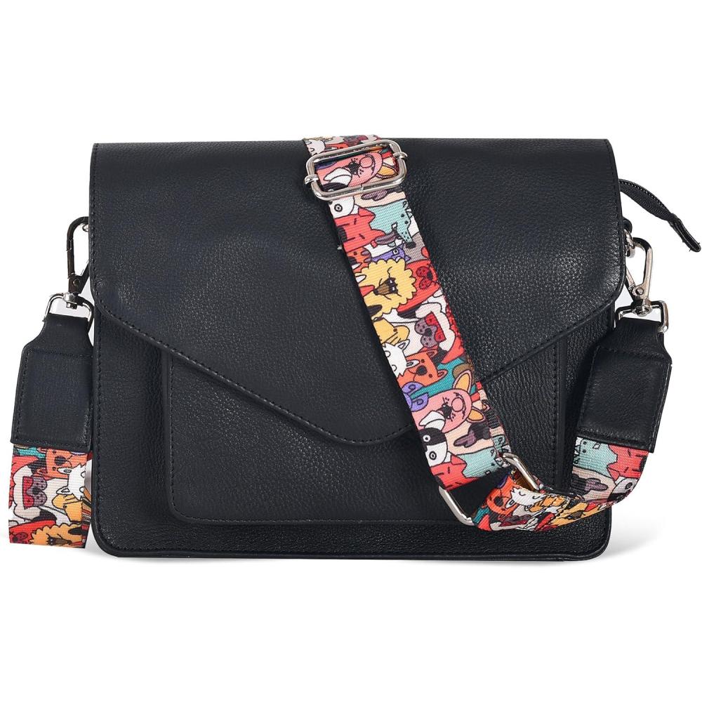 imageLeather Flapover Crossbody Handbag Purse for Women with Adjustable Strap ampamp Overflap Snap Closure ToteBagBlack Ndm W3