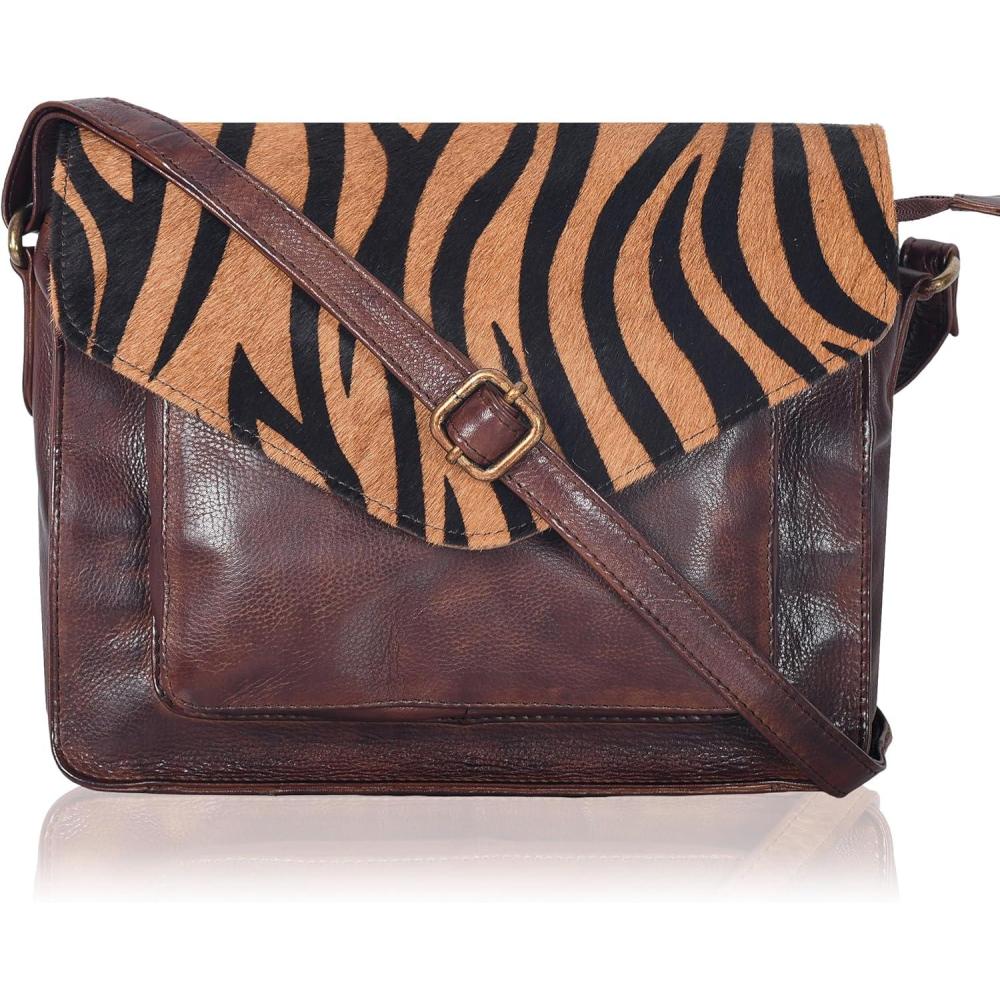 imageLeather Flapover Crossbody Handbag Purse for Women with Adjustable Strap ampamp Overflap Snap Closure ToteBagBrown Wash Zebra