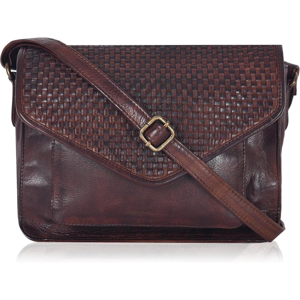 imageLeather Flapover Crossbody Handbag Purse for Women with Adjustable Strap ampamp Overflap Snap Closure ToteBagBrown Weaving