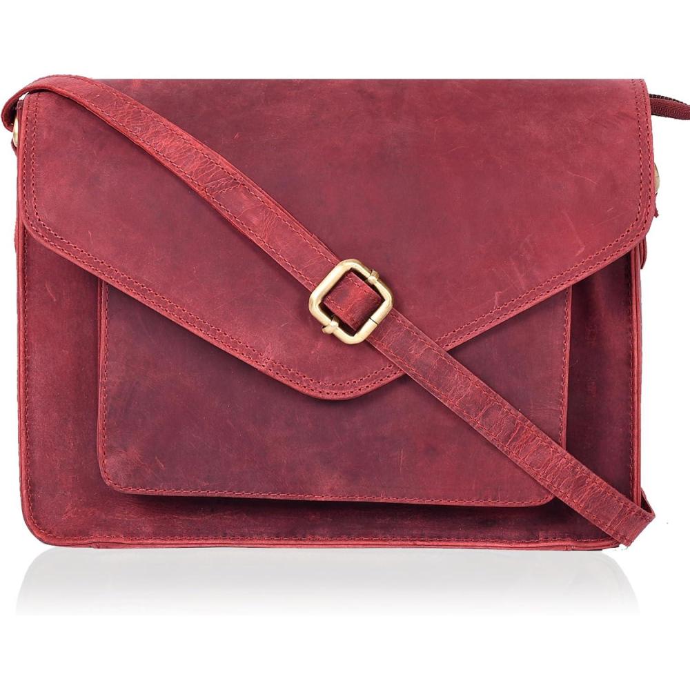 imageLeather Flapover Crossbody Handbag Purse for Women with Adjustable Strap ampamp Overflap Snap Closure ToteBagRed Hunter