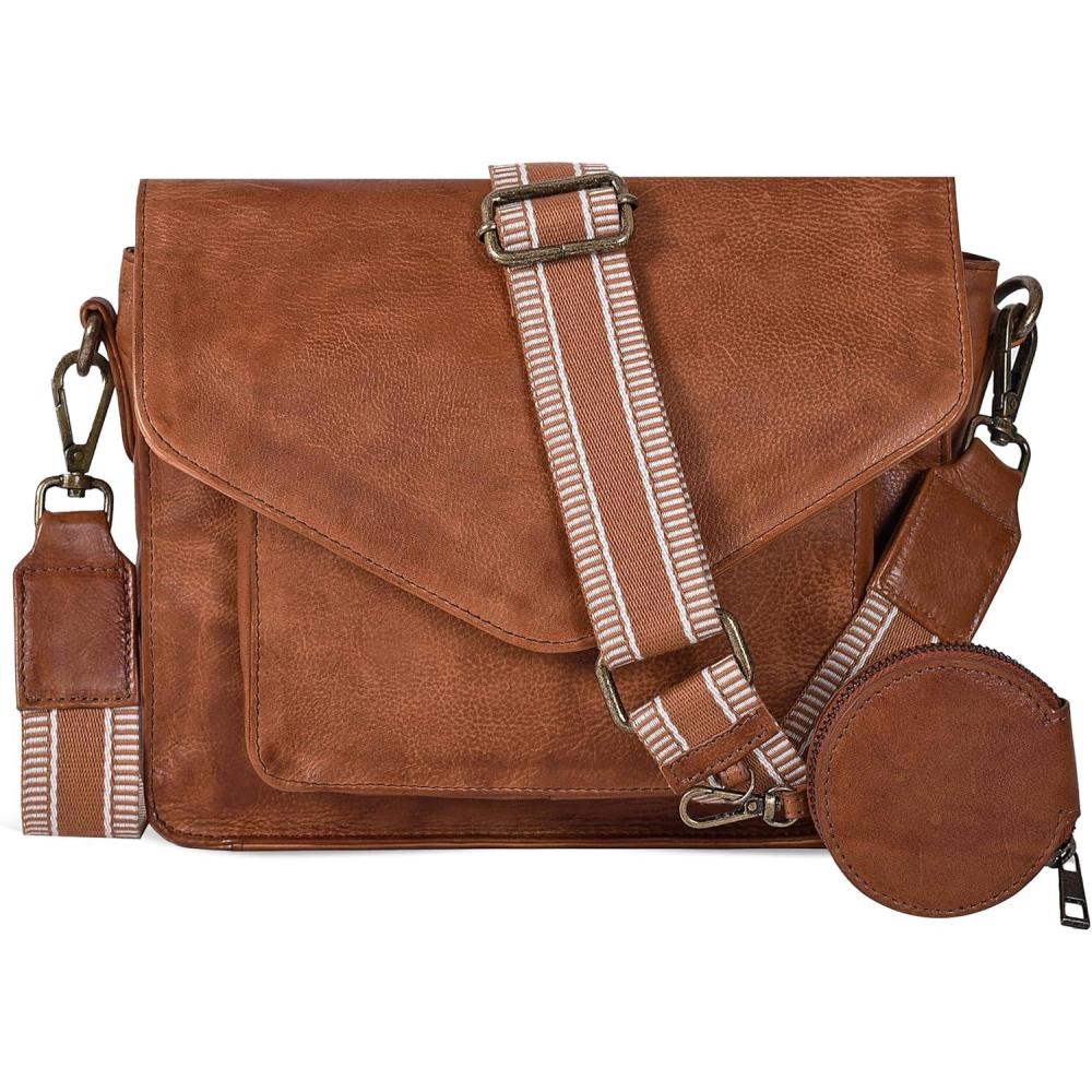 imageLeather Flapover Crossbody Handbag Purse for Women with Adjustable Strap ampamp Overflap Snap Closure ToteBagTan Coin Web