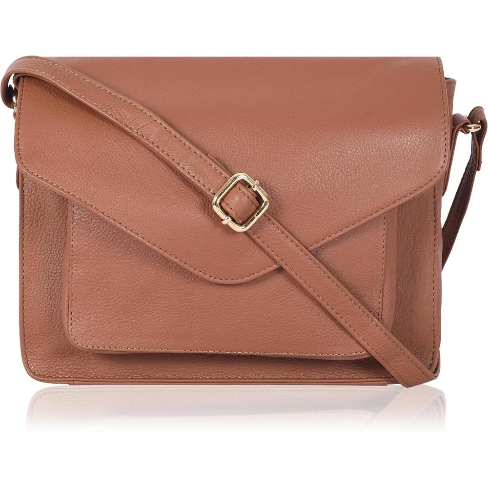 imageLeather Flapover Crossbody Handbag Purse for Women with Adjustable Strap ampamp Overflap Snap Closure ToteBagTan Ndm