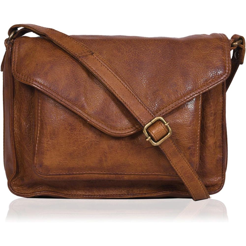 imageLeather Flapover Crossbody Handbag Purse for Women with Adjustable Strap ampamp Overflap Snap Closure ToteBagTan Wash
