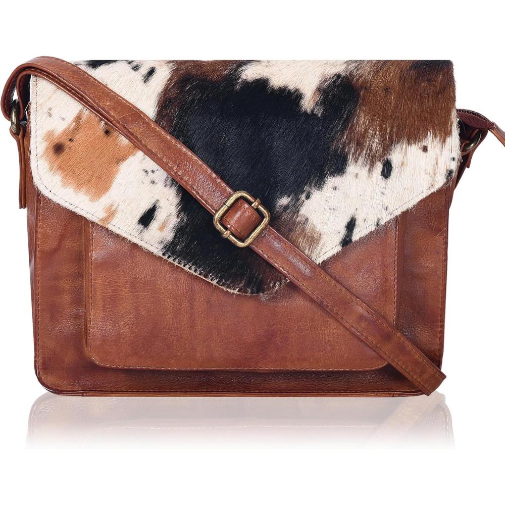 imageLeather Flapover Crossbody Handbag Purse for Women with Adjustable Strap ampamp Overflap Snap Closure ToteBagTan Wash Spotted