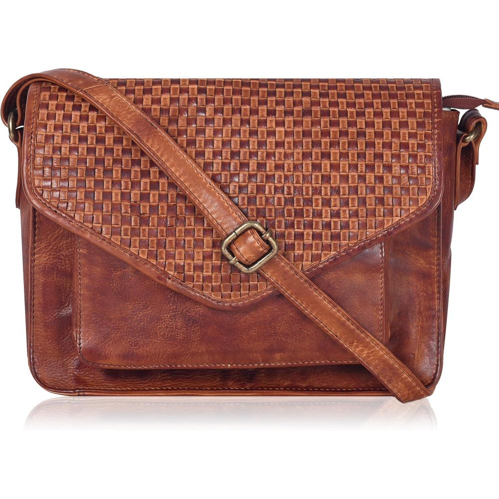 imageLeather Flapover Crossbody Handbag Purse for Women with Adjustable Strap ampamp Overflap Snap Closure ToteBagTan Weaving