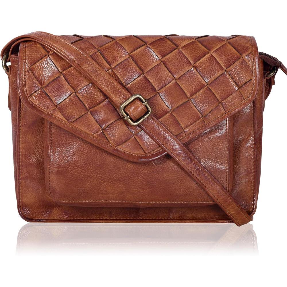 imageLeather Flapover Crossbody Handbag Purse for Women with Adjustable Strap ampamp Overflap Snap Closure ToteBagTan Weaving Large