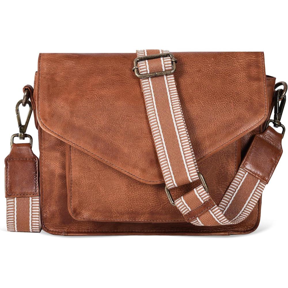 imageLeather Flapover Crossbody Handbag Purse for Women with Adjustable Strap ampamp Overflap Snap Closure ToteBagTan Web
