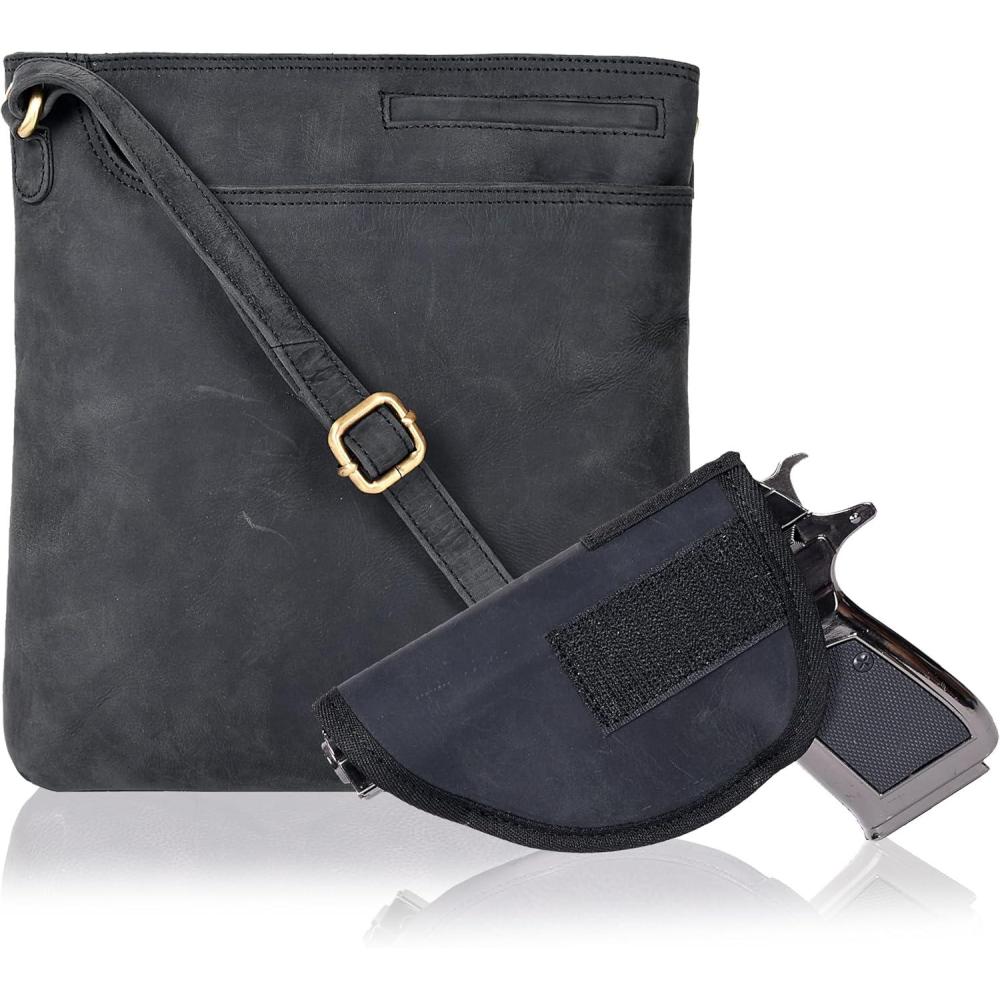 imageOzora Multi Pockets Handmade Leather Crossbody Handbags ampamp Sling Bag for Men ampamp Women with Detachable HolsterBlack Hunter