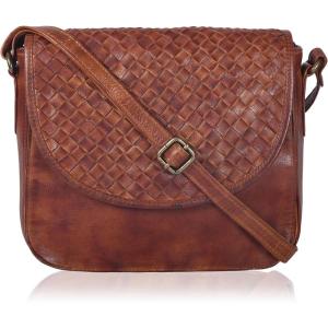 Genuine Leather Shoulder Crossbody Purse For Women with Adjustable Strap, Mobile Pocket & Outside & Inside Zipper(Tan Weaving Medium)