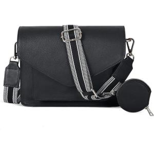 Leather Flapover Crossbody Handbag Purse for Women with Adjustable Strap & Overflap Snap Closure Tote/Bag(Black Ndm W2 Coin)