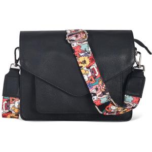 Leather Flapover Crossbody Handbag Purse for Women with Adjustable Strap & Overflap Snap Closure Tote/Bag(Black Ndm W3)