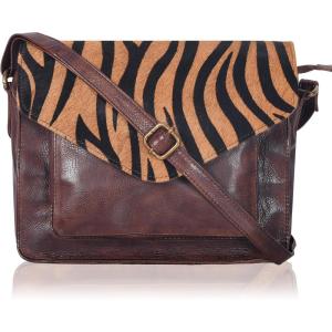 Leather Flapover Crossbody Handbag Purse for Women with Adjustable Strap & Overflap Snap Closure Tote/Bag(Brown Wash Zebra)