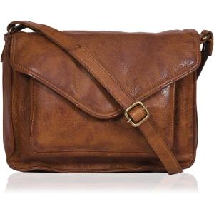 Leather Flapover Crossbody Handbag Purse for Women with Adjustable Strap & Overflap Snap Closure Tote/Bag(Tan Wash)