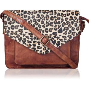 Leather Flapover Crossbody Handbag Purse for Women with Adjustable Strap & Overflap Snap Closure Tote/Bag(Tan Wash Cheetah)