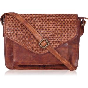 Leather Flapover Crossbody Handbag Purse for Women with Adjustable Strap & Overflap Snap Closure Tote/Bag(Tan Weaving)