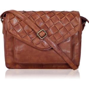 Leather Flapover Crossbody Handbag Purse for Women with Adjustable Strap & Overflap Snap Closure Tote/Bag(Tan Weaving Large)