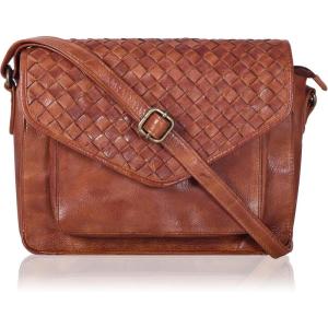 Leather Flapover Crossbody Handbag Purse for Women with Adjustable Strap & Overflap Snap Closure Tote/Bag(Tan Weaving Medium)