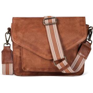 Leather Flapover Crossbody Handbag Purse for Women with Adjustable Strap & Overflap Snap Closure Tote/Bag(Tan Web)