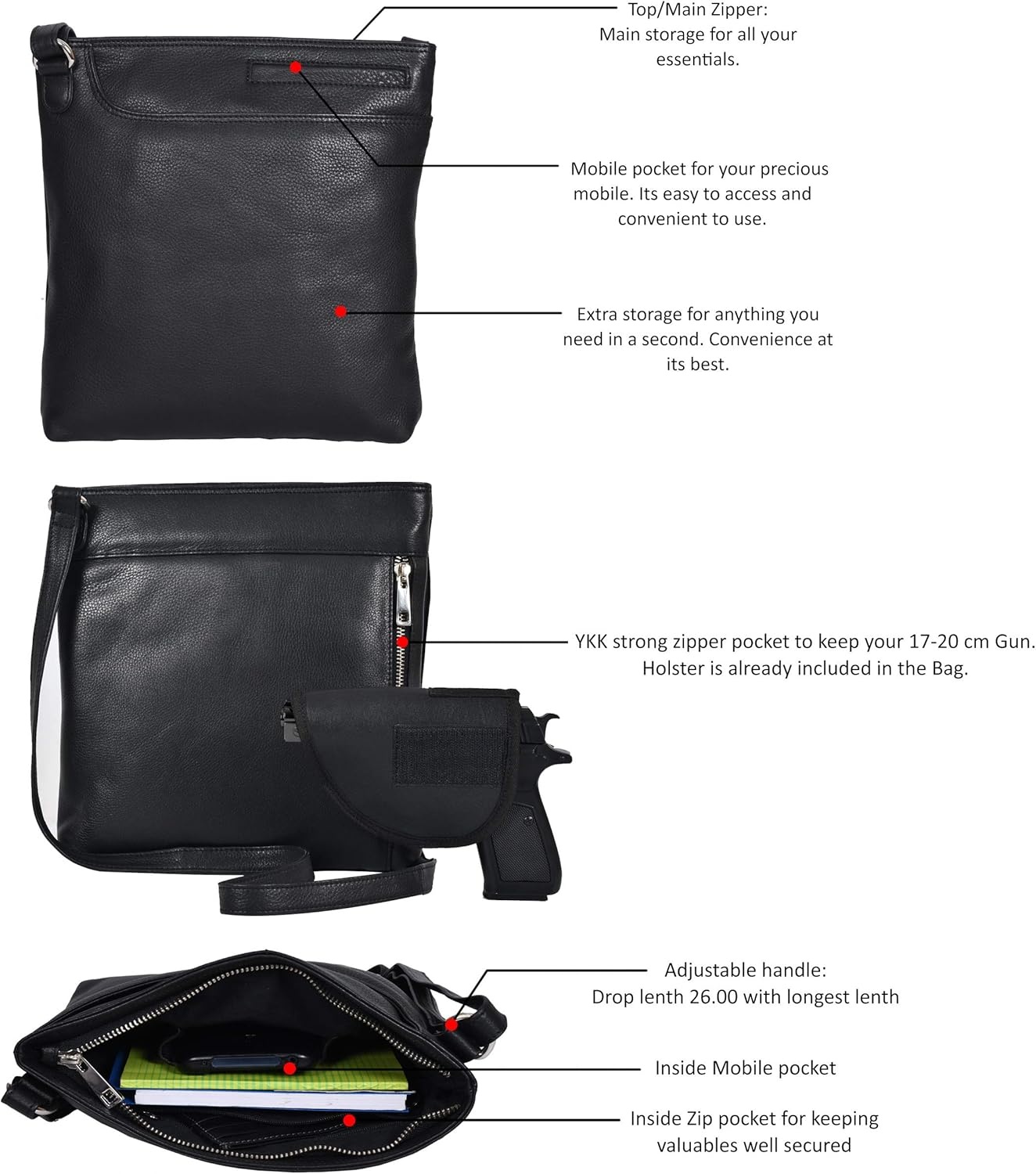 image:imageOzora Multi Pockets Handmade Leather Crossbody Handbags amp Sling Bag for Men amp Women with Detachable HolsterBlack Nappa