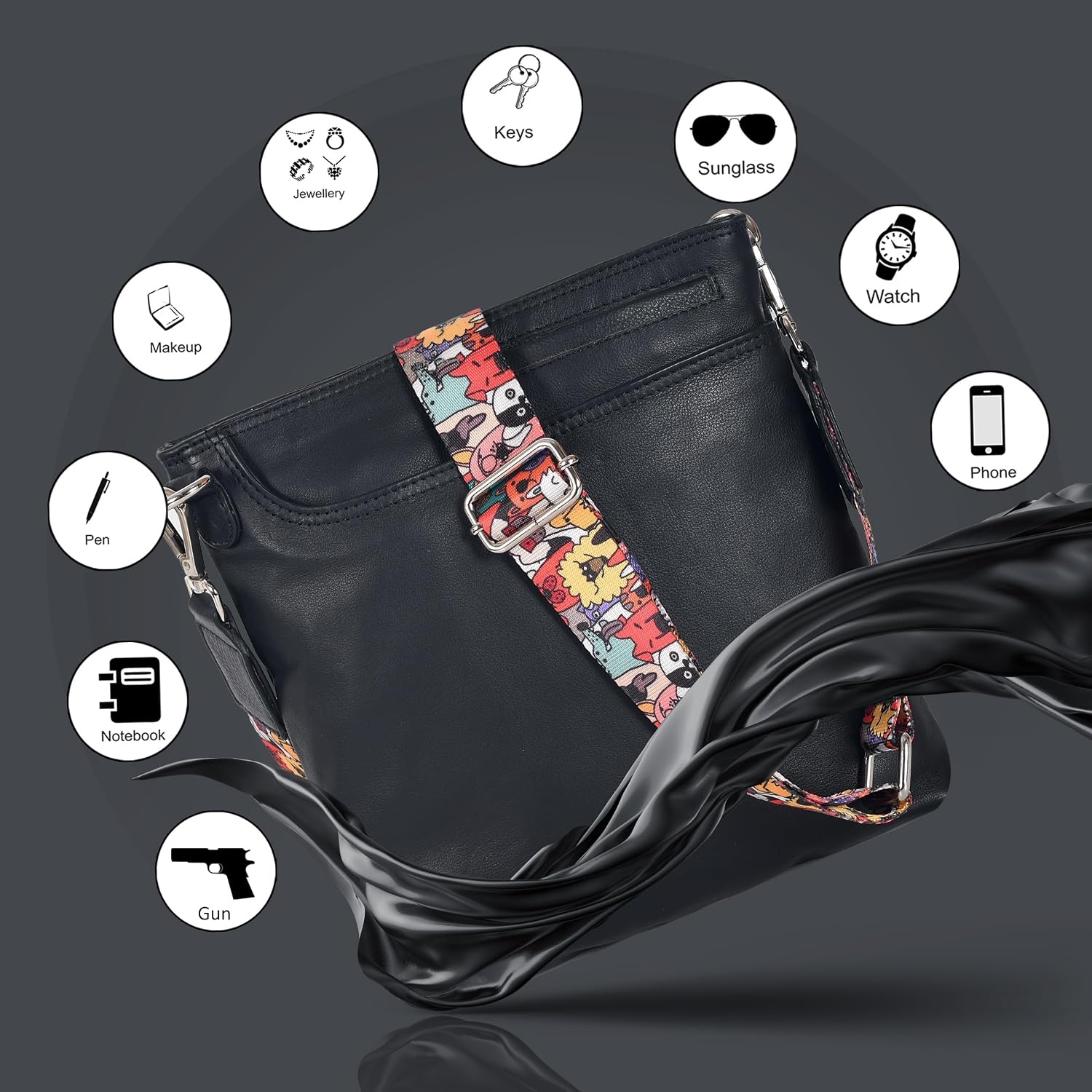 image:imageOzora Multi Pockets Handmade Leather Crossbody Handbags amp Sling Bag for Men amp Women with Detachable HolsterBlack Ndm W3