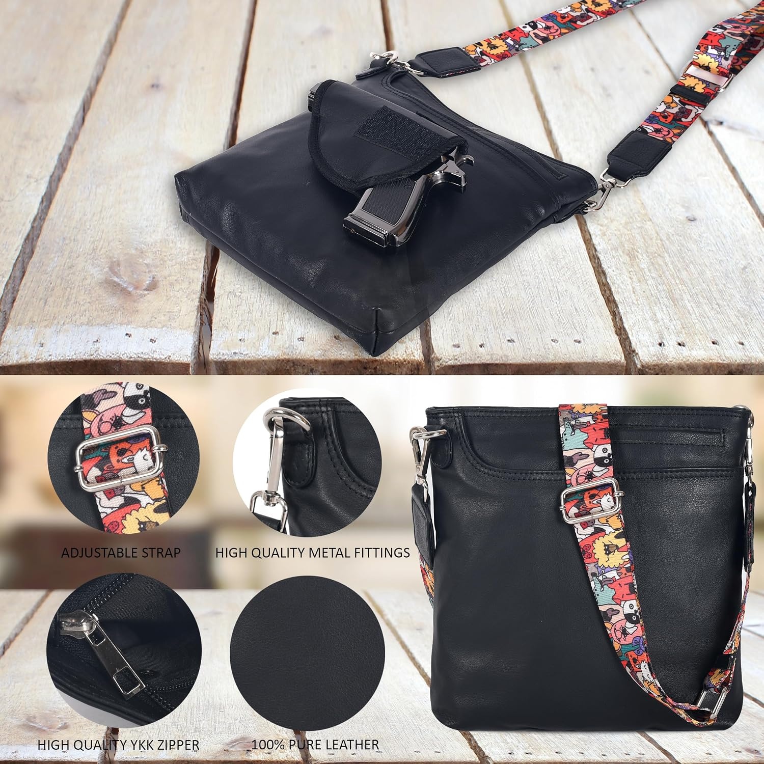 image:imageOzora Multi Pockets Handmade Leather Crossbody Handbags amp Sling Bag for Men amp Women with Detachable HolsterBlack Ndm W3