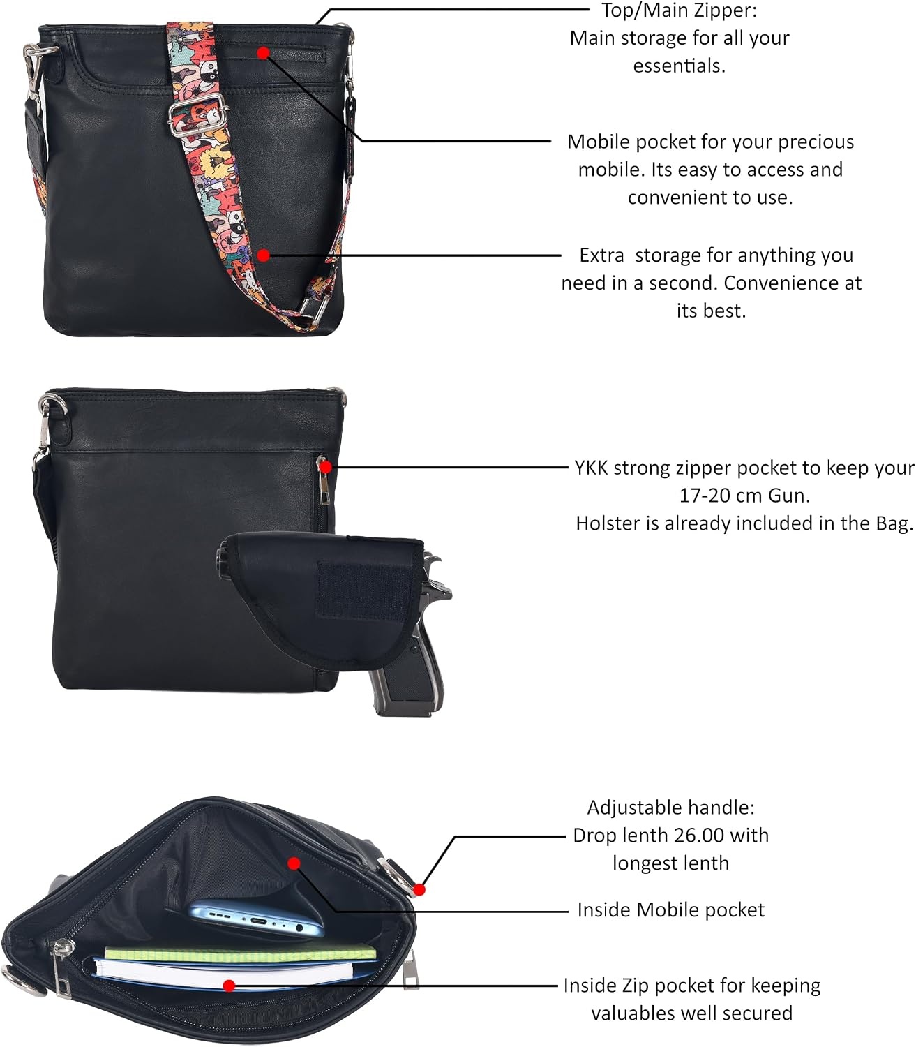 image:imageOzora Multi Pockets Handmade Leather Crossbody Handbags amp Sling Bag for Men amp Women with Detachable HolsterBlack Ndm W3