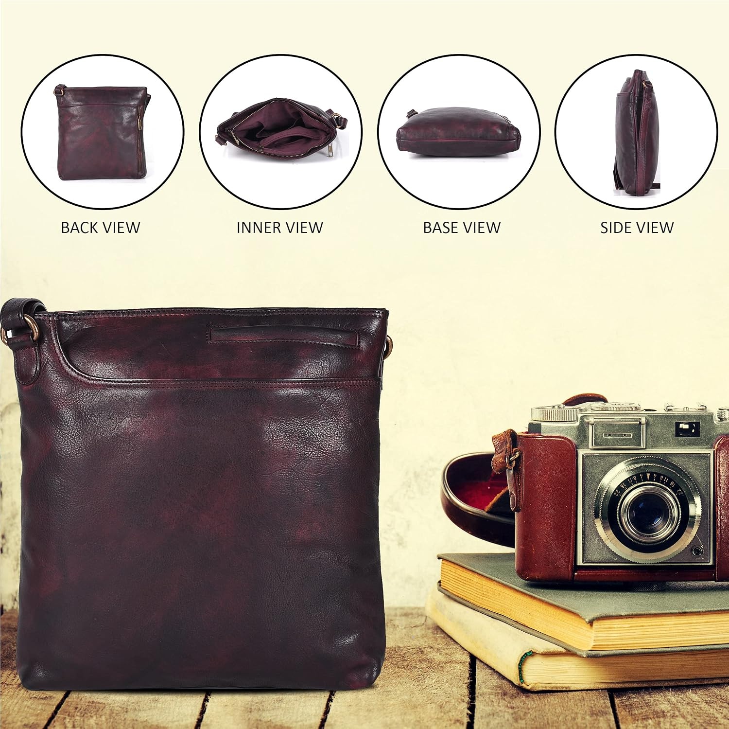 image:imageOzora Multi Pockets Handmade Leather Crossbody Handbags amp Sling Bag for Men amp Women with Detachable HolsterBordeaux Wash