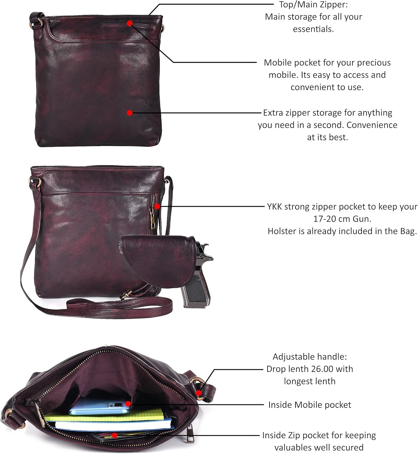 image:imageOzora Multi Pockets Handmade Leather Crossbody Handbags amp Sling Bag for Men amp Women with Detachable HolsterBordeaux Wash