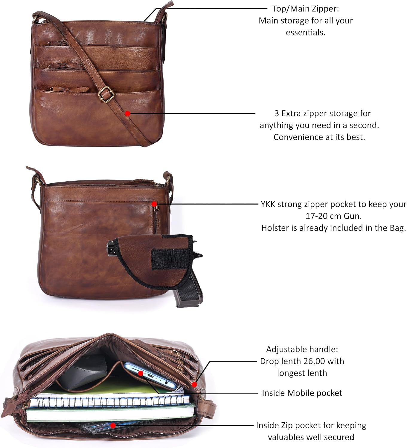 image:imageOzora Multi Pockets Handmade Leather Crossbody Handbags amp Sling Bag for Men amp Women with Detachable HolsterBrownw