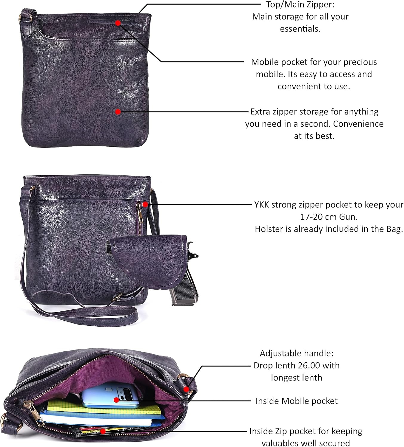 image:imageOzora Multi Pockets Handmade Leather Crossbody Handbags amp Sling Bag for Men amp Women with Detachable HolsterPurple Wash