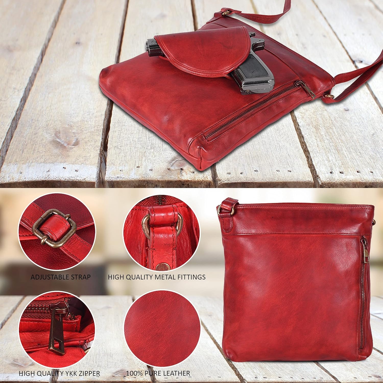 image:imageOzora Multi Pockets Handmade Leather Crossbody Handbags amp Sling Bag for Men amp Women with Detachable HolsterRed Wash