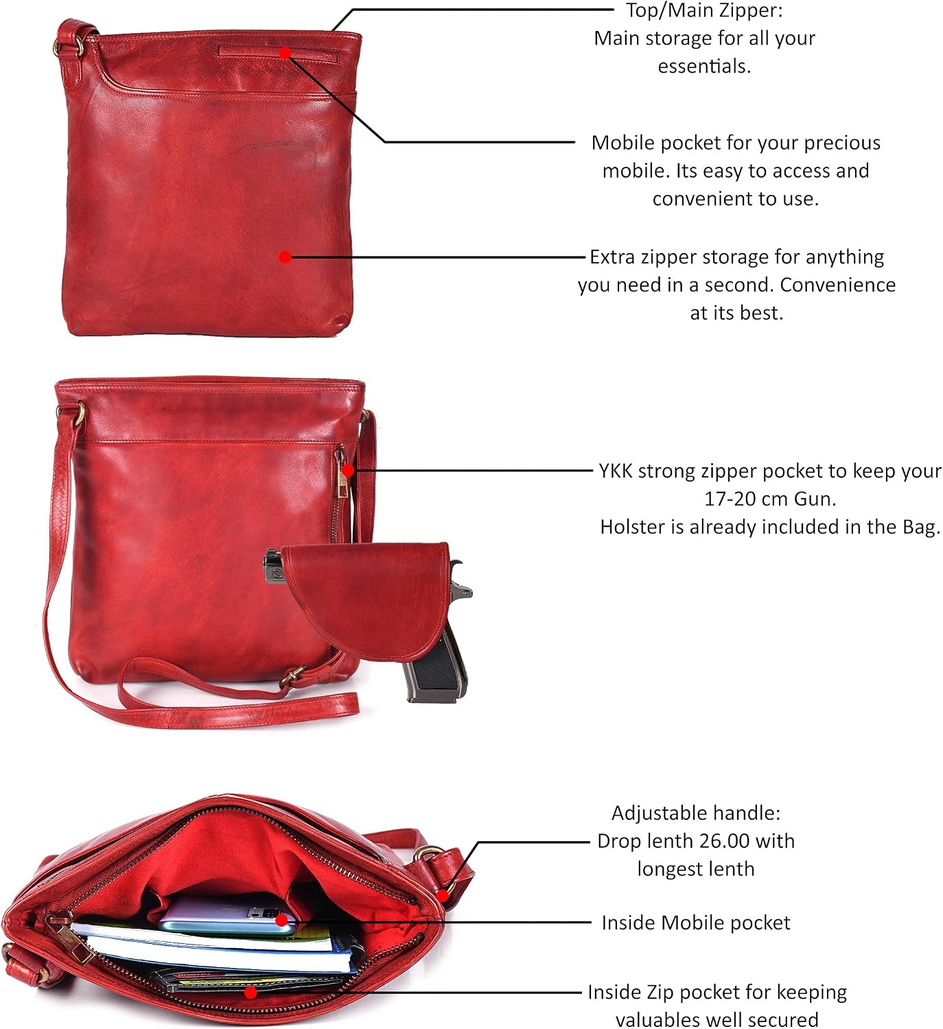 image:imageOzora Multi Pockets Handmade Leather Crossbody Handbags amp Sling Bag for Men amp Women with Detachable HolsterRed Wash
