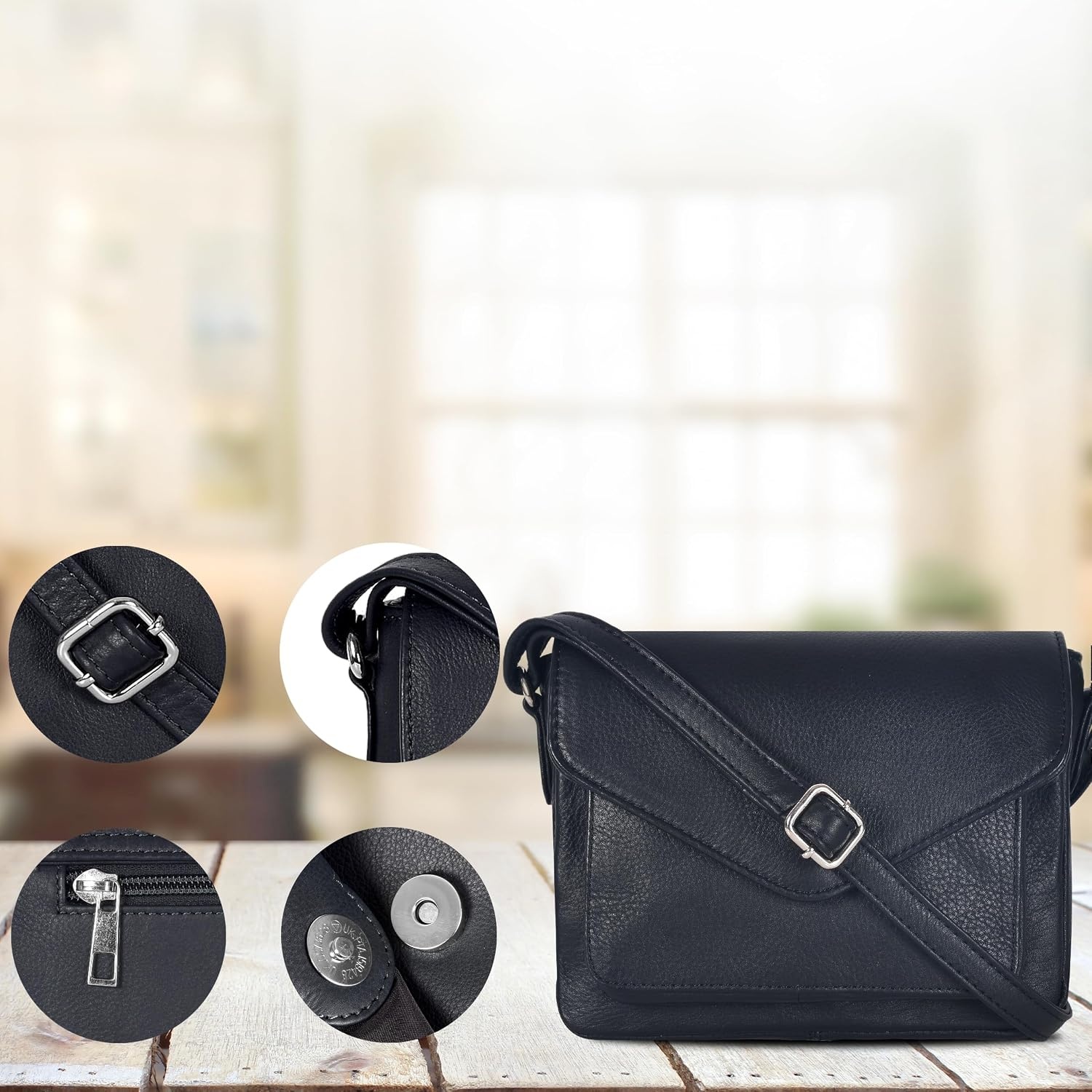 image:imageLeather Flapover Small Crossbody Handbag Purse for Women with Adjustable Strap amp Overflap Snap Closure ToteBagBlack Ndm