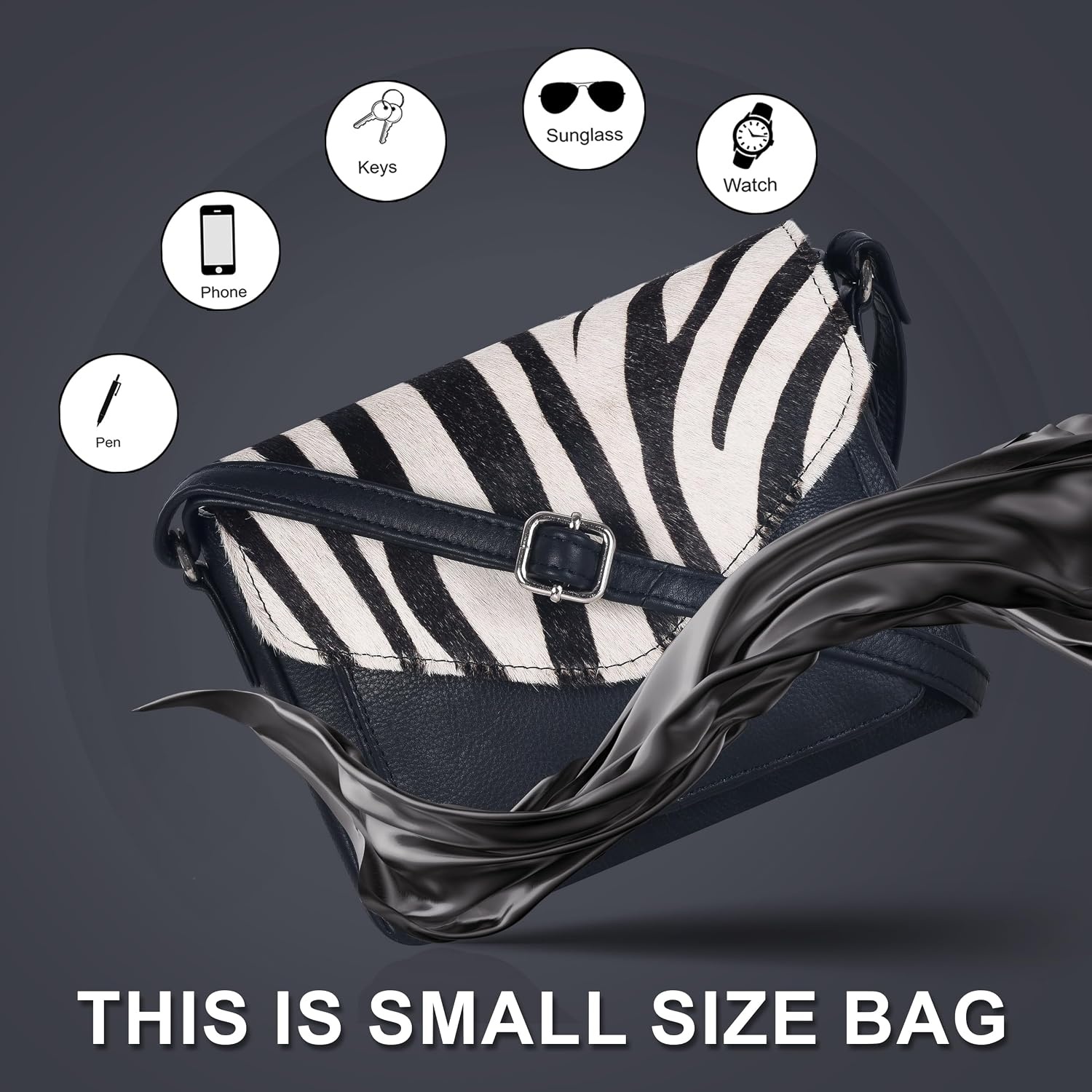 image:imageLeather Flapover Small Crossbody Handbag Purse for Women with Adjustable Strap amp Overflap Snap Closure ToteBagBlack Zebra