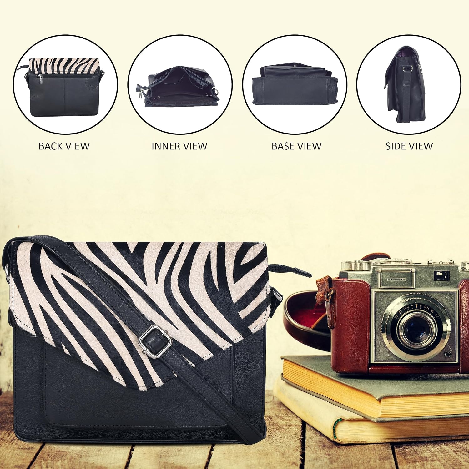 image:imageLeather Flapover Small Crossbody Handbag Purse for Women with Adjustable Strap amp Overflap Snap Closure ToteBagBlack Zebra