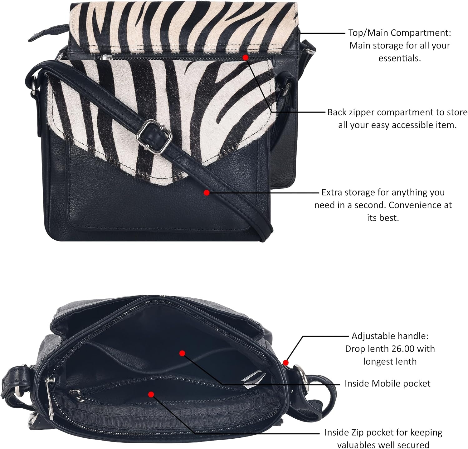 image:imageLeather Flapover Small Crossbody Handbag Purse for Women with Adjustable Strap amp Overflap Snap Closure ToteBagBlack Zebra