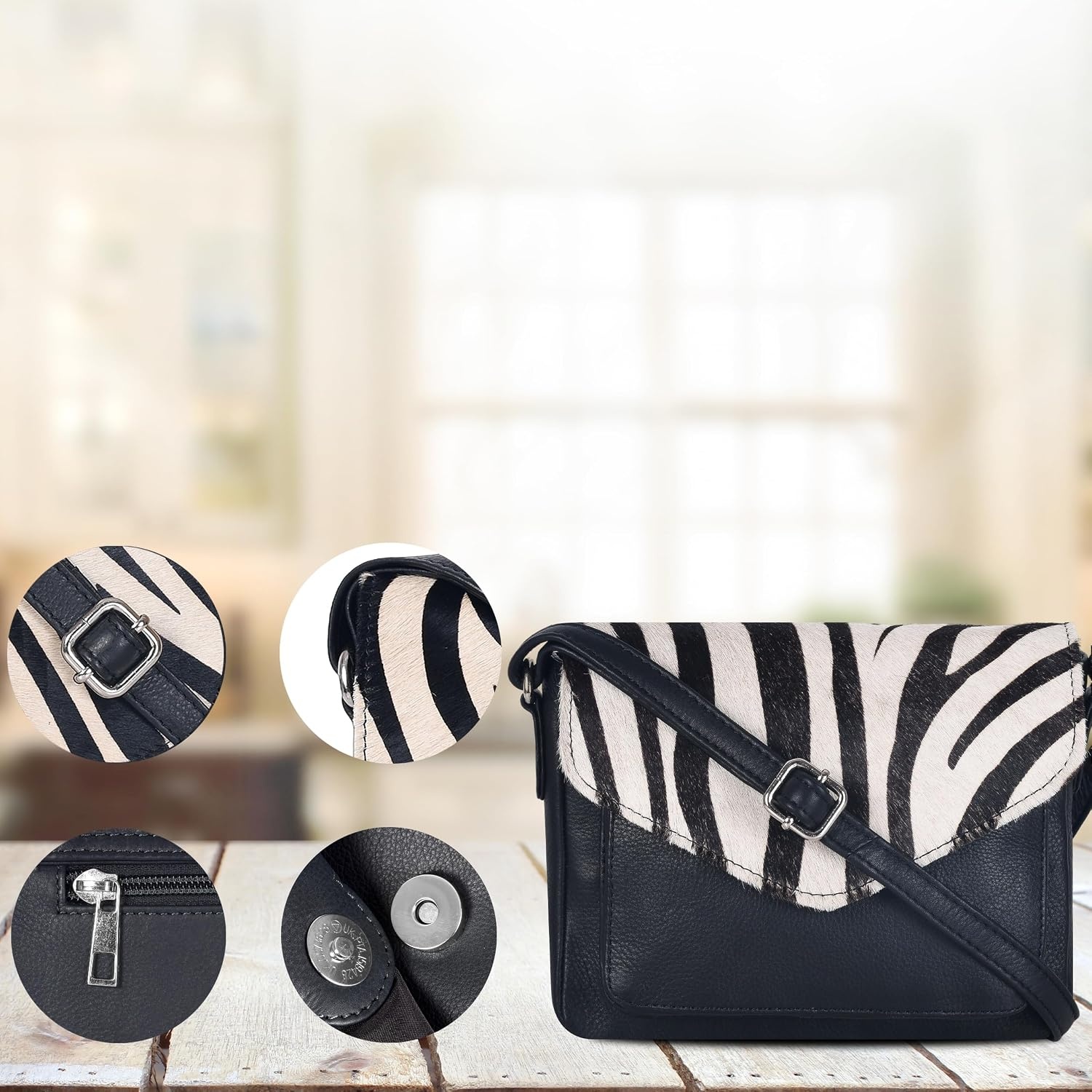 image:imageLeather Flapover Small Crossbody Handbag Purse for Women with Adjustable Strap amp Overflap Snap Closure ToteBagBlack Zebra