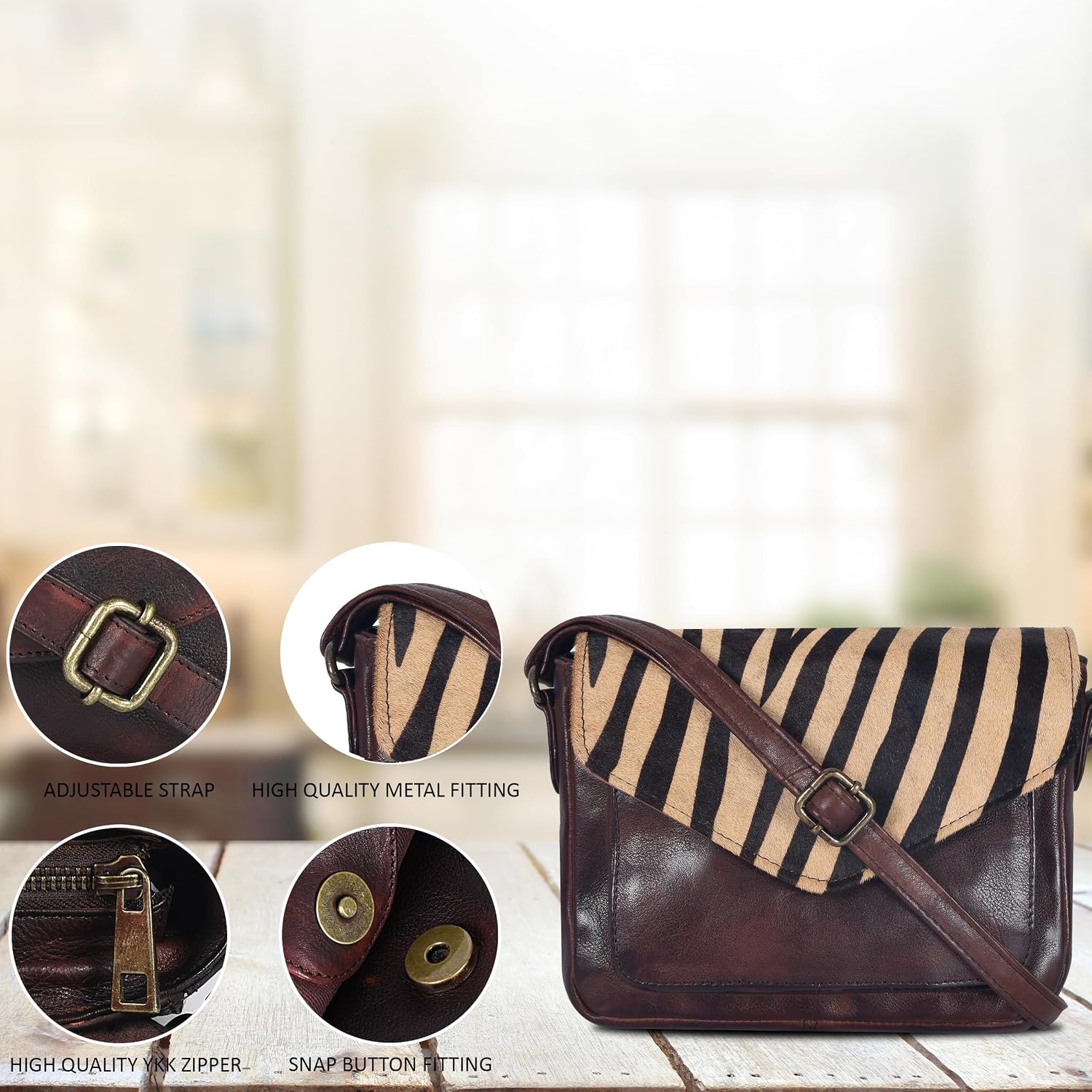 image:imageLeather Flapover Small Crossbody Handbag Purse for Women with Adjustable Strap amp Overflap Snap Closure ToteBagBrown Zebra
