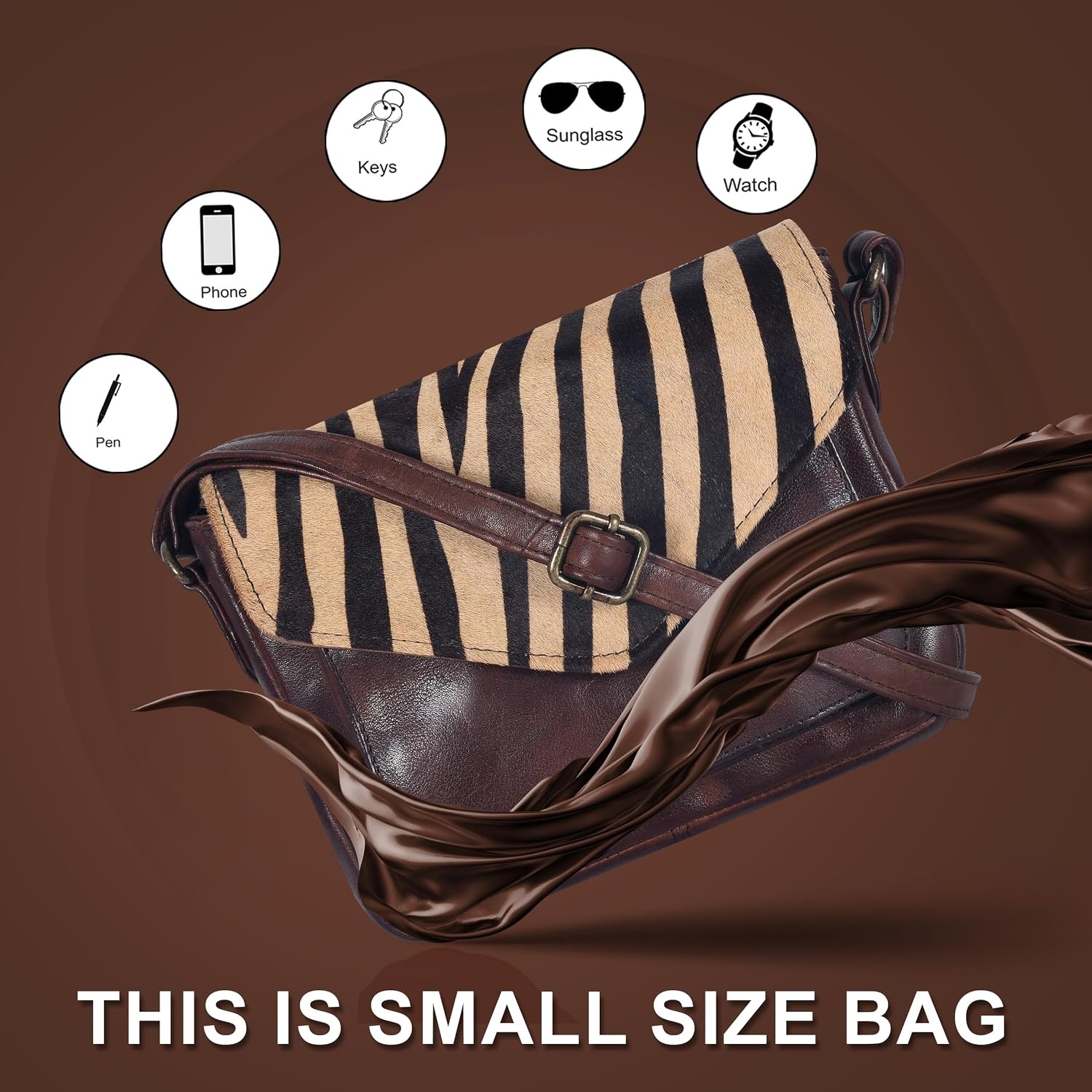 image:imageLeather Flapover Small Crossbody Handbag Purse for Women with Adjustable Strap amp Overflap Snap Closure ToteBagBrown Zebra