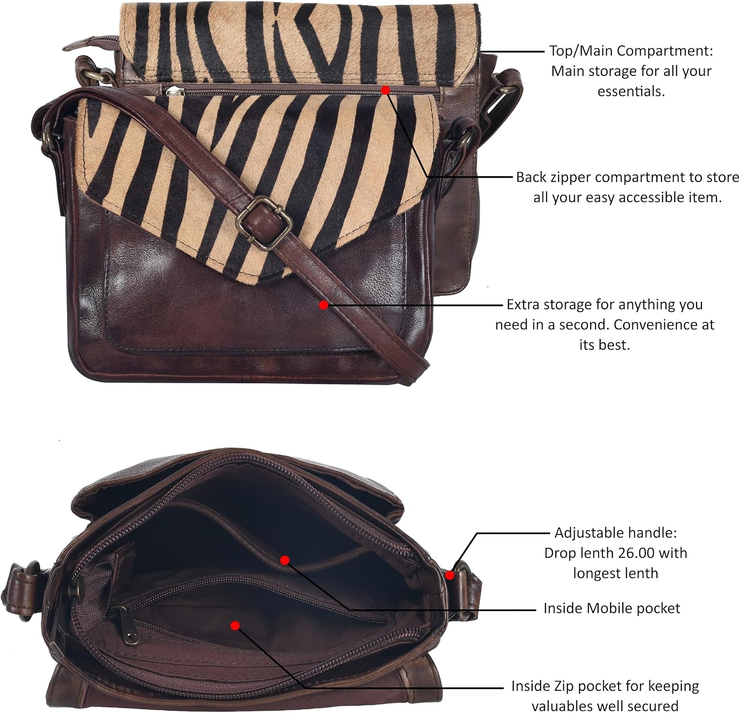 image:imageLeather Flapover Small Crossbody Handbag Purse for Women with Adjustable Strap amp Overflap Snap Closure ToteBagBrown Zebra