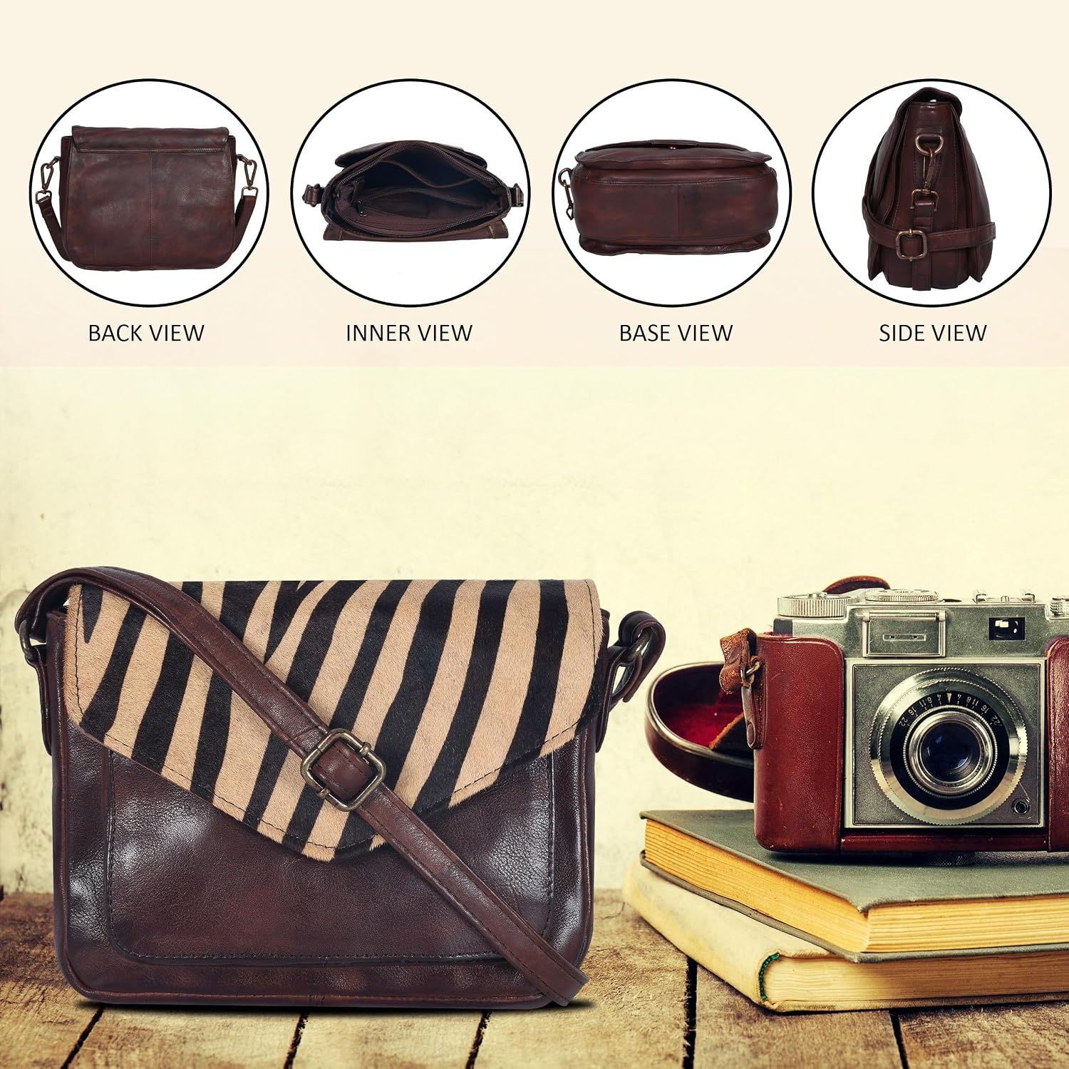 image:imageLeather Flapover Small Crossbody Handbag Purse for Women with Adjustable Strap amp Overflap Snap Closure ToteBagBrown Zebra