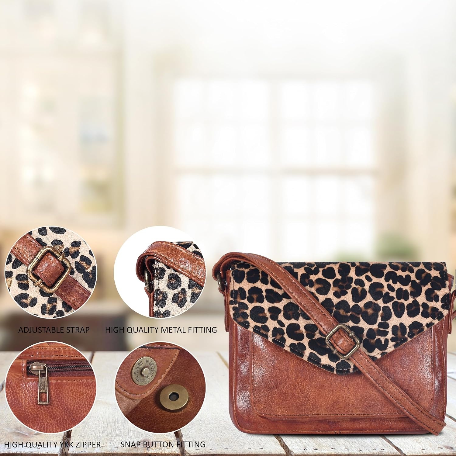 image:imageLeather Flapover Small Crossbody Handbag Purse for Women with Adjustable Strap amp Overflap Snap Closure ToteBagTan Cheetah