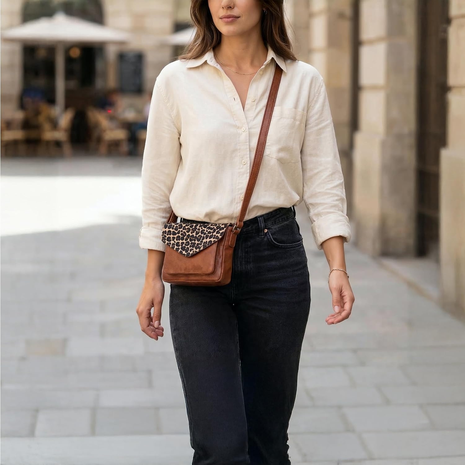 image:imageLeather Flapover Small Crossbody Handbag Purse for Women with Adjustable Strap amp Overflap Snap Closure ToteBagTan Cheetah